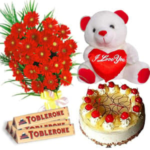 Gerberas with Chocolates Cake and Teddy